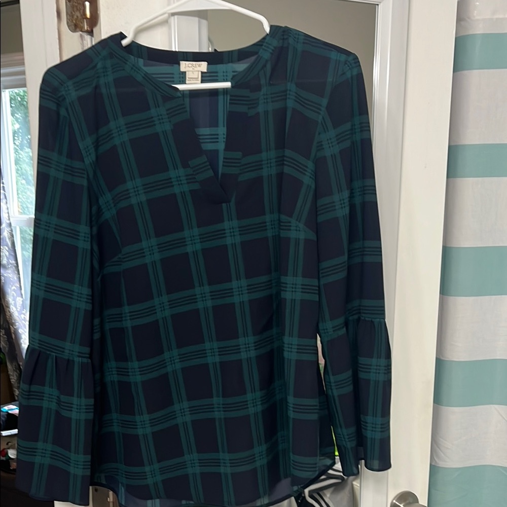 LOFT Green Black Boxy Blouse with Mandarin Collar